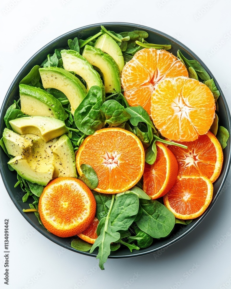 Vibrant Avocado and Citrus Salad with Fresh Spinach in a Dark Bowl: A Healthy and Delicious Meal Vibrant Avocado and Citrus Salad with Fresh Spinach in a Dark Bowl: A Healthy and Delicious Meal