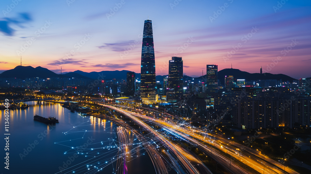 Obraz premium Smart digital Innovation city with connection network reciprocity over the cityscape. of future smart wireless digital city and social media networking systems that connects people with in city