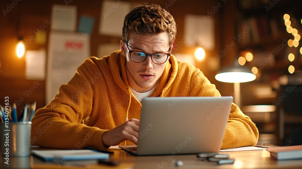 Business laptop working freedom lifestyle concept. A focused young man in a cozy hoodie works intently on a laptop in a warmly lit study environment. Business laptop working freedom lifestyle concept. A focused young man in a cozy hoodie works intently on a laptop in a warmly lit study environment.