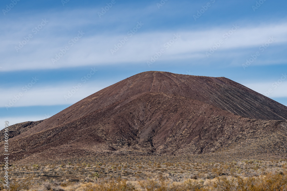 Cinder Cone / Scoria Cone with Lava Flow. Cima volcanic field. Kelbaker Road, Mojave National Preserve. San Bernardino County, California. Mojave Desert / Basin and Range Province. Cinder Cone / Scoria Cone with Lava Flow. Cima volcanic field. Kelbaker Road, Mojave National Preserve. San Bernardino County, California. Mojave Desert / Basin and Range Province.