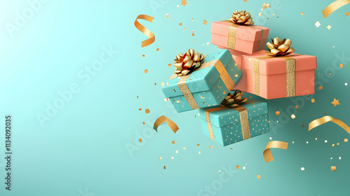 Festive pastel gift boxes with gold ribbons and confetti falling on a light blue background.