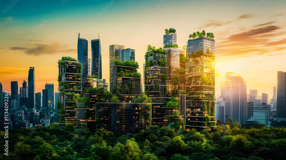 Fototapeta premium Harmonious Blend of City and Nature with Skyscrapers Featuring Trees Growing on Them, Bathed in Soft Morning Light, Representing Futuristic Eco-Design and 2025 Sustainable Living