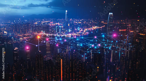 Wallpaper Mural Smart digital Innovation city with connection network reciprocity over the cityscape. of future smart wireless digital city and social media networking systems that connects people with in city Torontodigital.ca