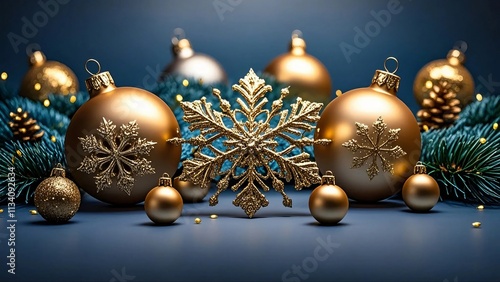 Merry Christmas Background With Golden Ornaments and Pine Cones on Dark Blue, Generative Ai