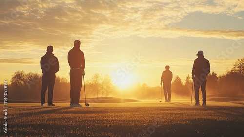 Silhouetted golfers on a course at sunrise.