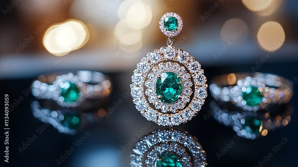 Elegant green gemstone jewelry displayed on dark surface close-up Elegant green gemstone jewelry displayed on dark surface close-up