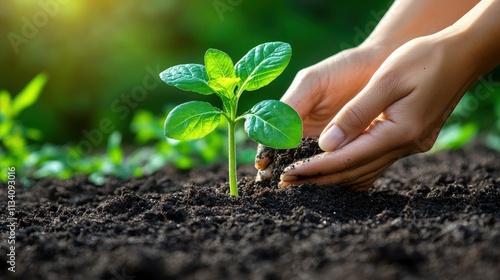 A person planting a young seedling in rich soil, symbolizing growth and care for nature.