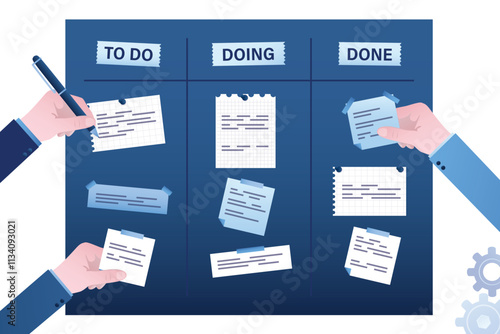 Project management, planning of work and business. Kanban board methodology. Meeting process, cards with tasks on blackboard, teamwork visualization in office.