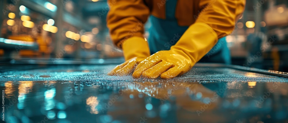 A person in yellow gloves cleaning a surface in an industrial setting. A person in yellow gloves cleaning a surface in an industrial setting.