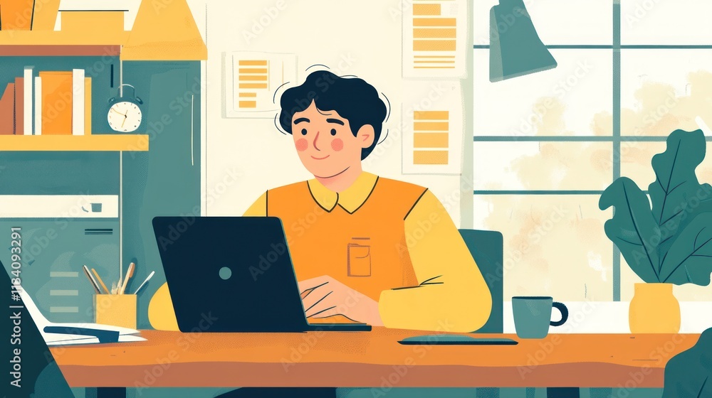 Happy man working on laptop at home office desk. Happy man working on laptop at home office desk.
