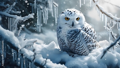 Snowy owl perched on icy branches in winter wonderland nature photography serene environment close-up view wildlife concept for seo impact photo