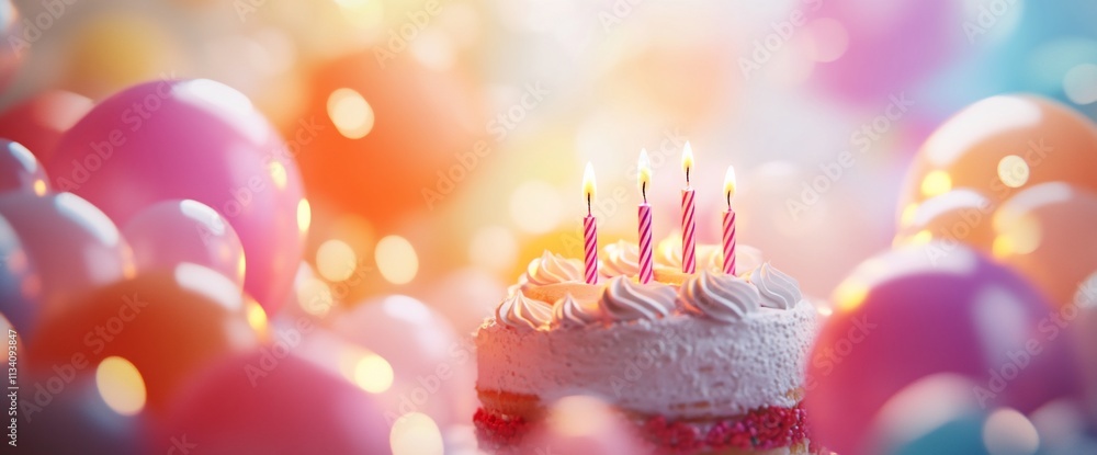 A festive birthday cake surrounded by colorful balloons and soft lights.