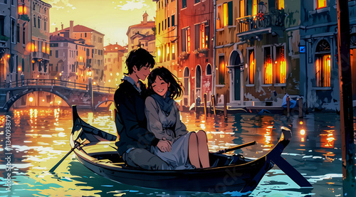 cartoon image of a couple sitting closely on Gondola boat by a warm atmosphere