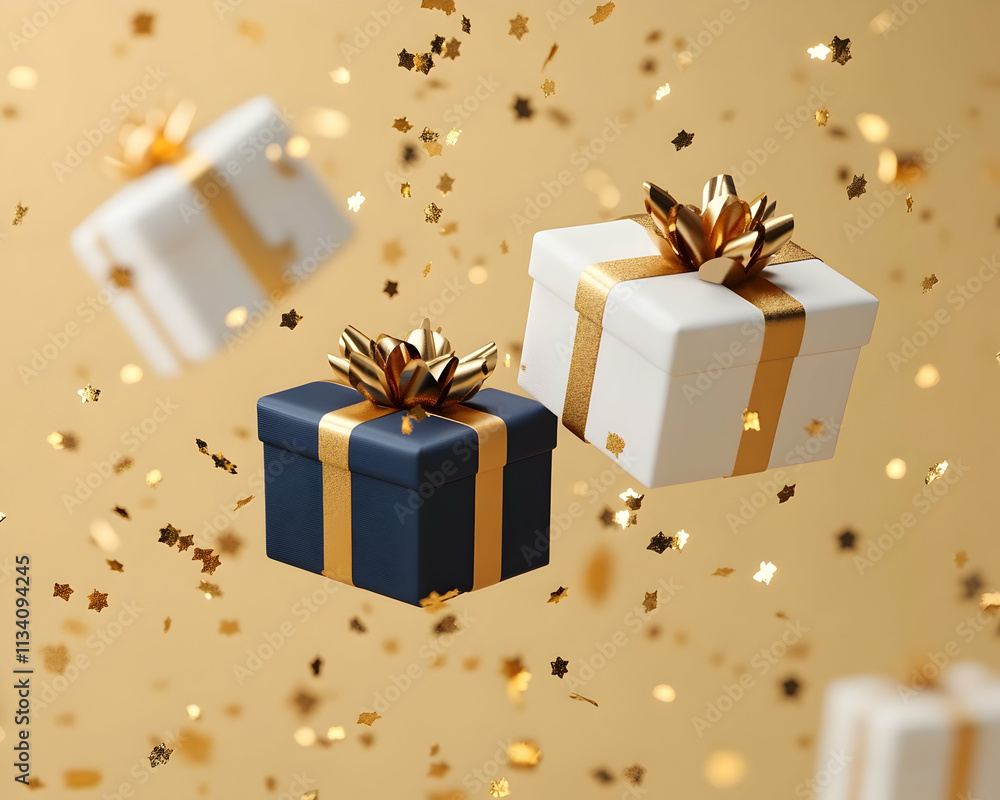 Floating gifts with gold ribbons and confetti. (43) Floating gifts with gold ribbons and confetti. (43)
