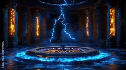 Roulette wheel in mystical temple with lightning.