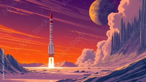 Midcentury style rocket launch illustration to Moon retrofuturistic photo