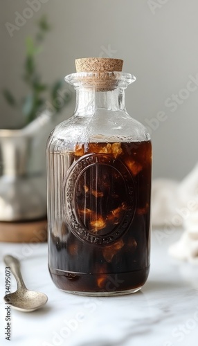 A glass jar filled with iced coffee, featuring a cork lid and a rustic aesthetic.