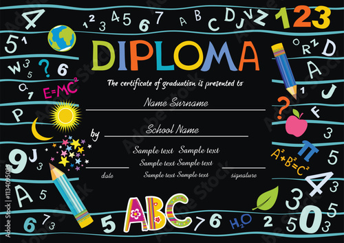 Certificates kindergarten and elementary, Preschool Kids Diploma certificate background design template, Diploma template for kindergarten students, Certificate of kids diploma. Vector illustration