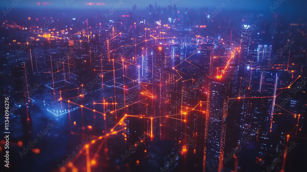 Obraz premium Smart digital Innovation city with connection network reciprocity over the cityscape. of future smart wireless digital city and social media networking systems that connects people with in city