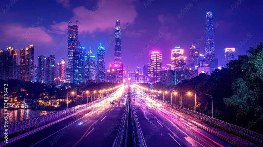 Fototapeta premium Vibrant cityscape at night with illuminated skyscrapers and busy traffic.