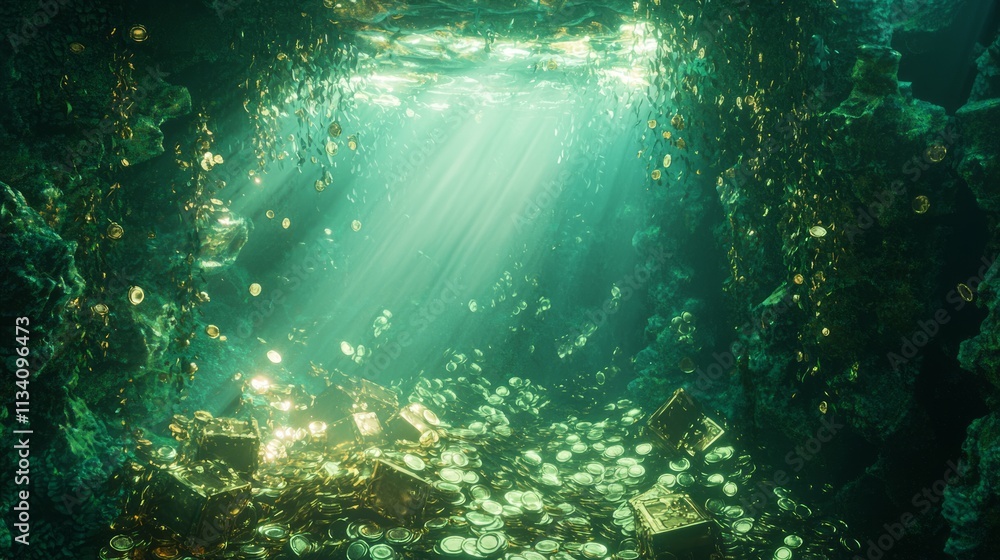 Obraz premium Enchanted Mermaids: Surreal Underwater Treasure Scene with Glitch Effects