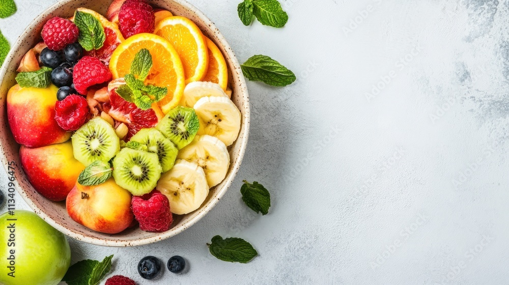 Colorful fruit salad in a bowl, featuring raspberries, blueberries, oranges, kiwi, bananas, peaches, and mint leaves. Colorful fruit salad in a bowl, featuring raspberries, blueberries, oranges, kiwi, bananas, peaches, and mint leaves.