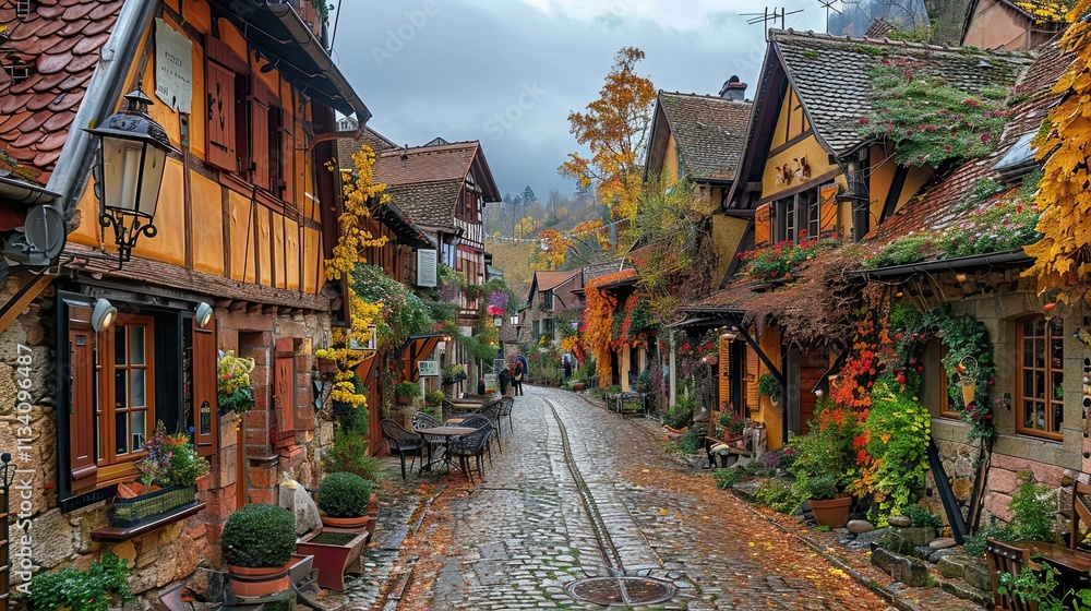 Fototapeta premium Rustic stone houses along a scenic cobblestone path with colorful flowers and warm light.