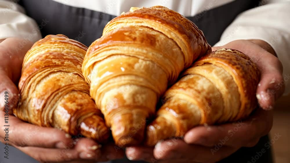 Freshly Baked Croissants Displayed in Hands of Baker Freshly Baked Croissants Displayed in Hands of Baker
