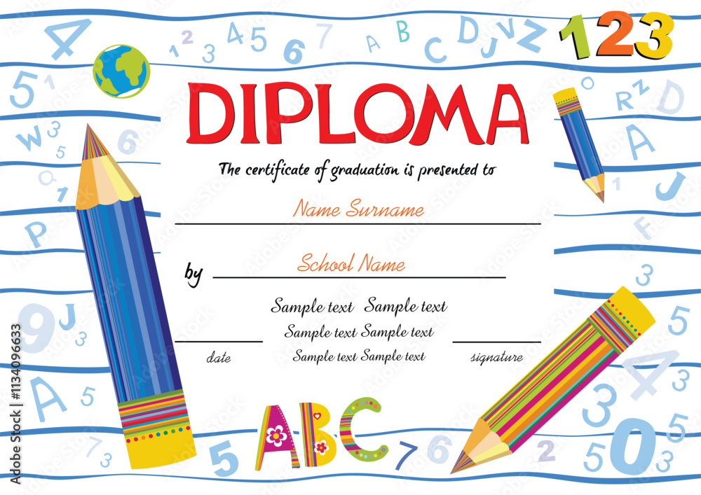 Certificates kindergarten and elementary, Preschool Kids Diploma certificate background design template. Vector Illustration