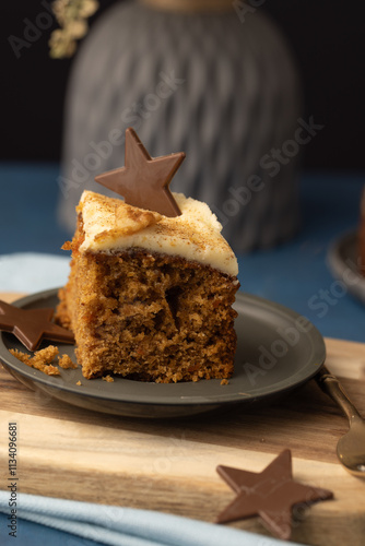 Chunky rich slice of cake with crumbs
