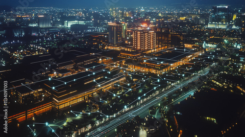 Wallpaper Mural Smart digital Innovation city with connection network reciprocity over the cityscape. of future smart wireless digital city and social media networking systems that connects people with in city Torontodigital.ca