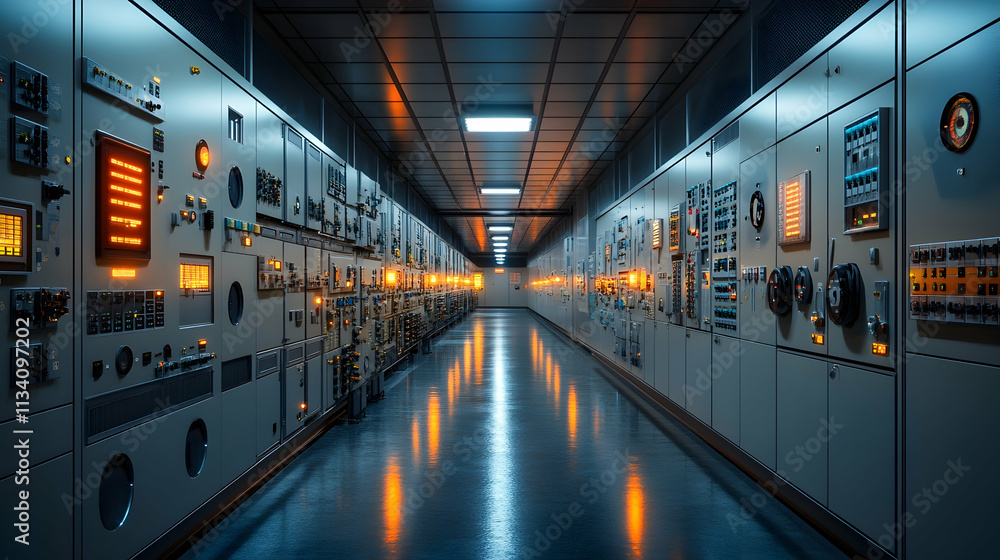 Dimly lit industrial corridor with control panels and equipment Dimly lit industrial corridor with control panels and equipment