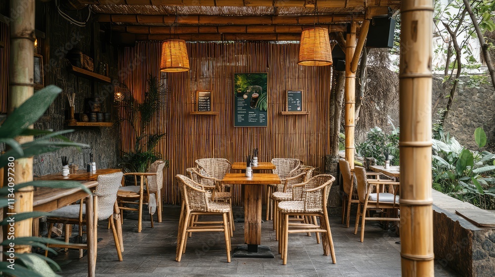 A bamboo cafe in an urban setting, with walls and furniture crafted from natural bamboo, providing a sustainable and cozy atmosphere A bamboo cafe in an urban setting, with walls and furniture crafted from natural bamboo, providing a sustainable and cozy atmosphere