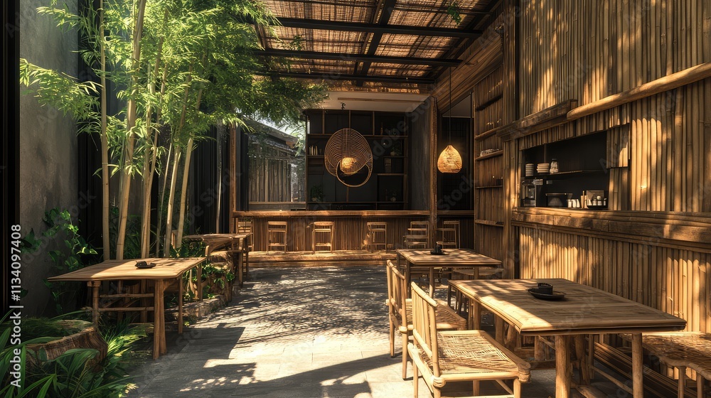 Fototapeta premium A bamboo cafe in an urban setting, with walls and furniture crafted from natural bamboo, providing a sustainable and cozy atmosphere