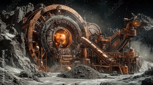 Steampunk lunar mining scene with rusted machinery and unique colors