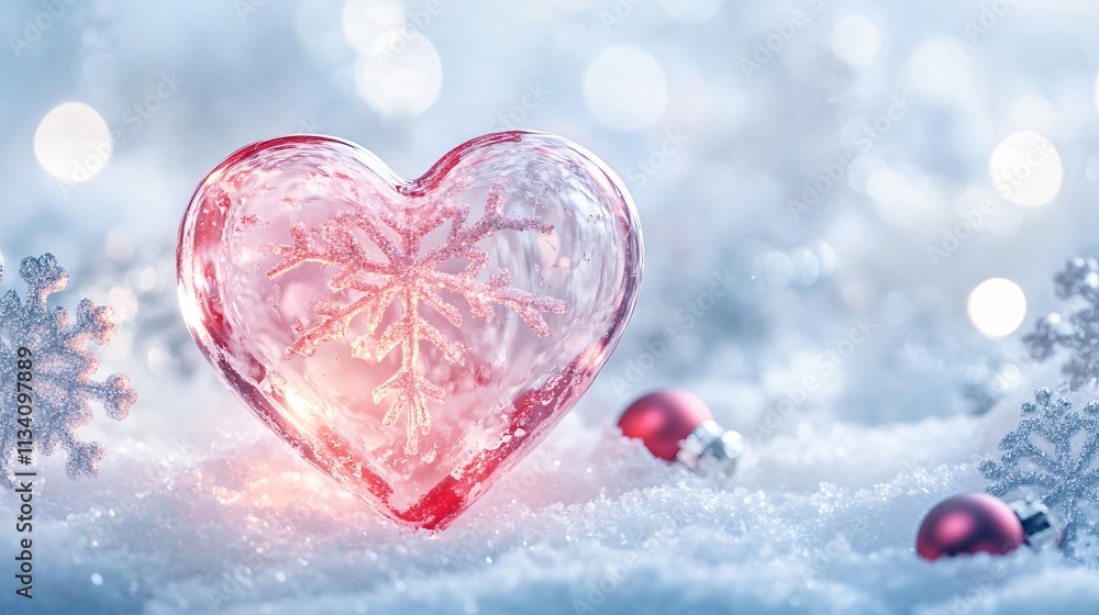 A glowing heart-shaped ornament made of glass, surrounded by sparkling snowflakes on a soft white holiday background A glowing heart-shaped ornament made of glass, surrounded by sparkling snowflakes on a soft white holiday background