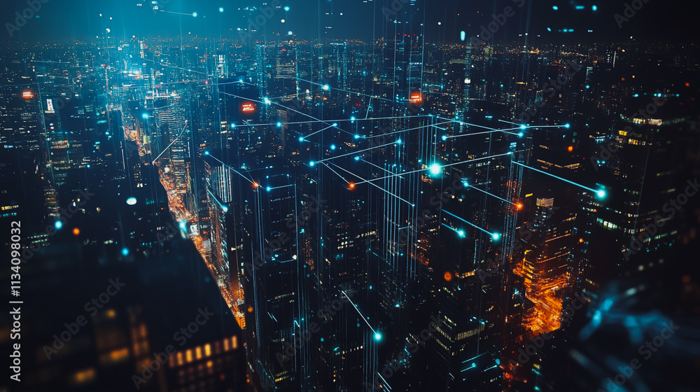 Obraz premium Smart digital Innovation city with connection network reciprocity over the cityscape. of future smart wireless digital city and social media networking systems that connects people with in city