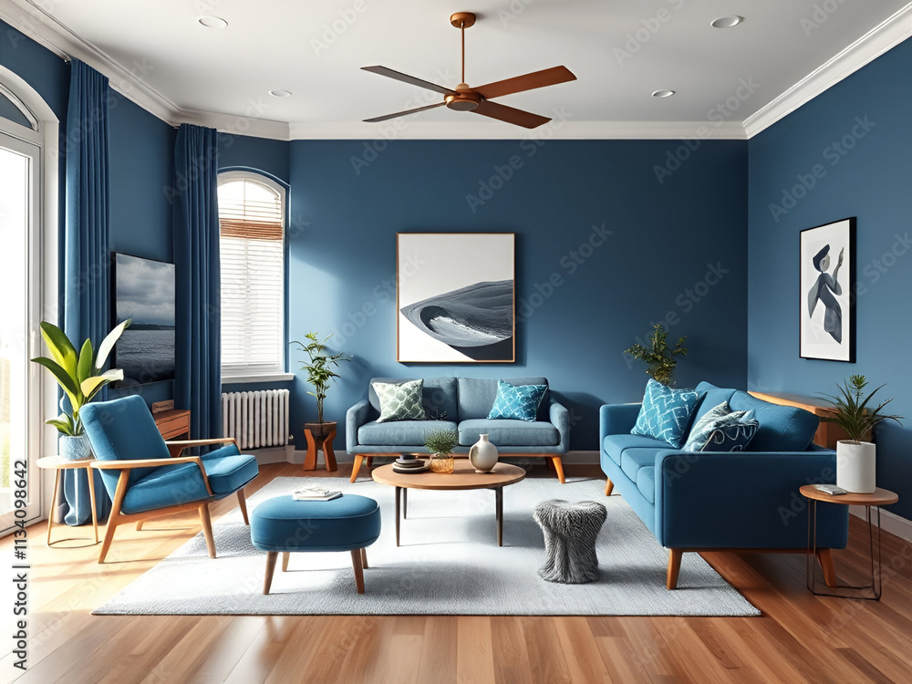 Modern blue living room interior with sofa wooden accents and ceiling fan Modern blue living room interior with sofa wooden accents and ceiling fan