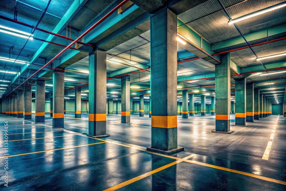 Obraz premium Empty urban garage: concrete pillars rise in stark architectural silence.