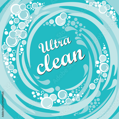 Ultra clean. New formula. Creative detergent packaging concept design with swirl effect. Powder to wash clothing. Soap ultra clean design product. Toilet or bathroom tub cleanser. Vector Illustration