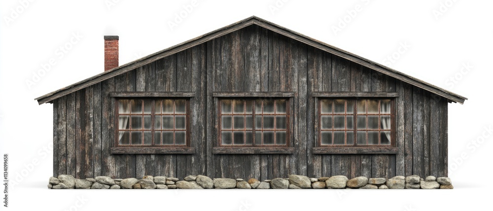 A rustic wooden cabin with stone foundation and multiple windows. A rustic wooden cabin with stone foundation and multiple windows.