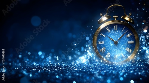 Elegant gold alarm clock on blue glitter, midnight, New Year's Eve.