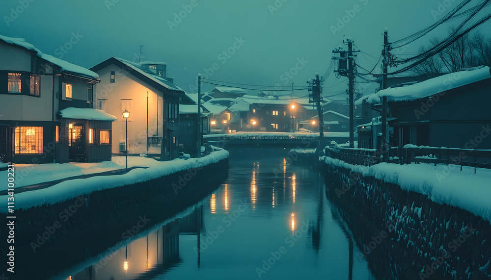 Obraz premium Snowfall Night in a Calm Japanese Village Canal