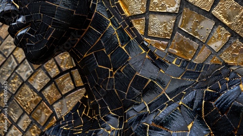 black and gold mosaic of black woman body with golden accents, close up, high detail, smooth shading, intricate details, hyper realistic photo