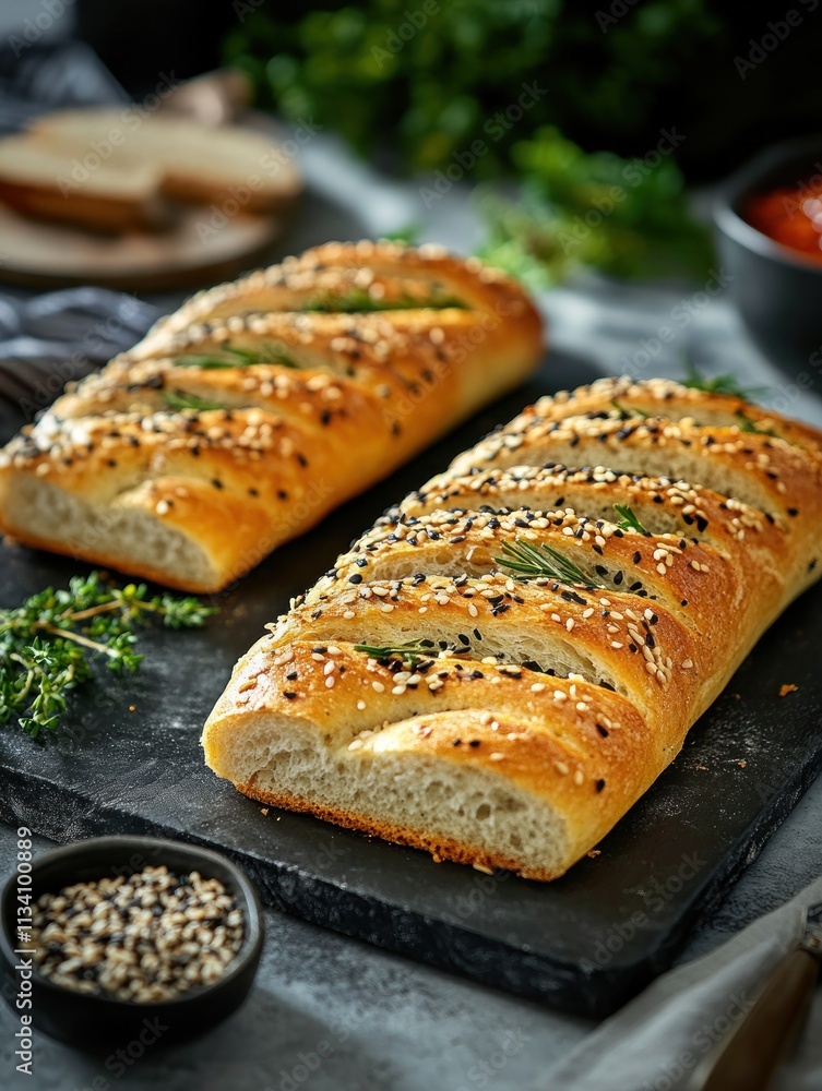 Freshly baked bread loaves topped with seeds and herbs on a slate board.