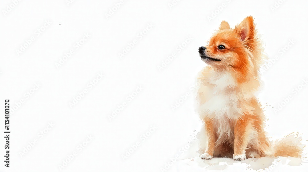 Fluffy Pomeranian sitting on a soft cushion, white background Fluffy Pomeranian sitting on a soft cushion, white background