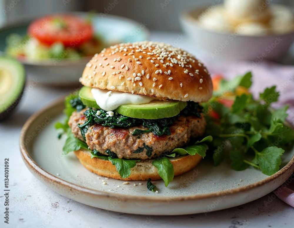 Close-Up of a Juicy Burger with Fresh Ingredients and Golden Fries on a Rustic Table Close-Up of a Juicy Burger with Fresh Ingredients and Golden Fries on a Rustic Table