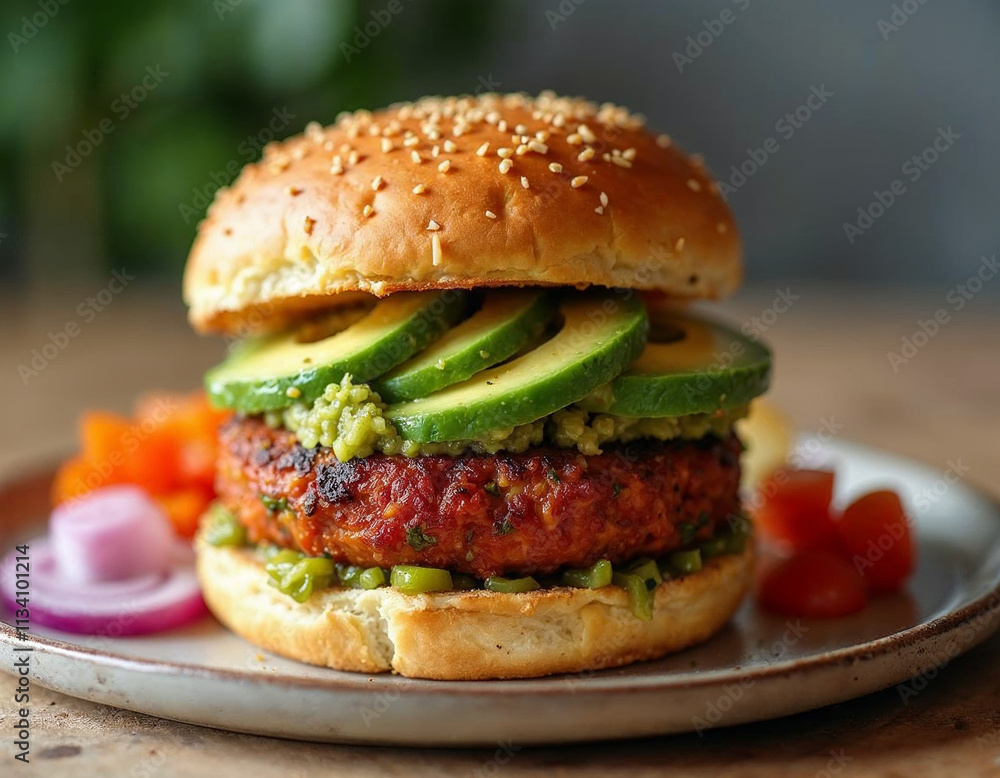 Close-Up of a Juicy Burger with Fresh Ingredients and Golden Fries on a Rustic Table Close-Up of a Juicy Burger with Fresh Ingredients and Golden Fries on a Rustic Table