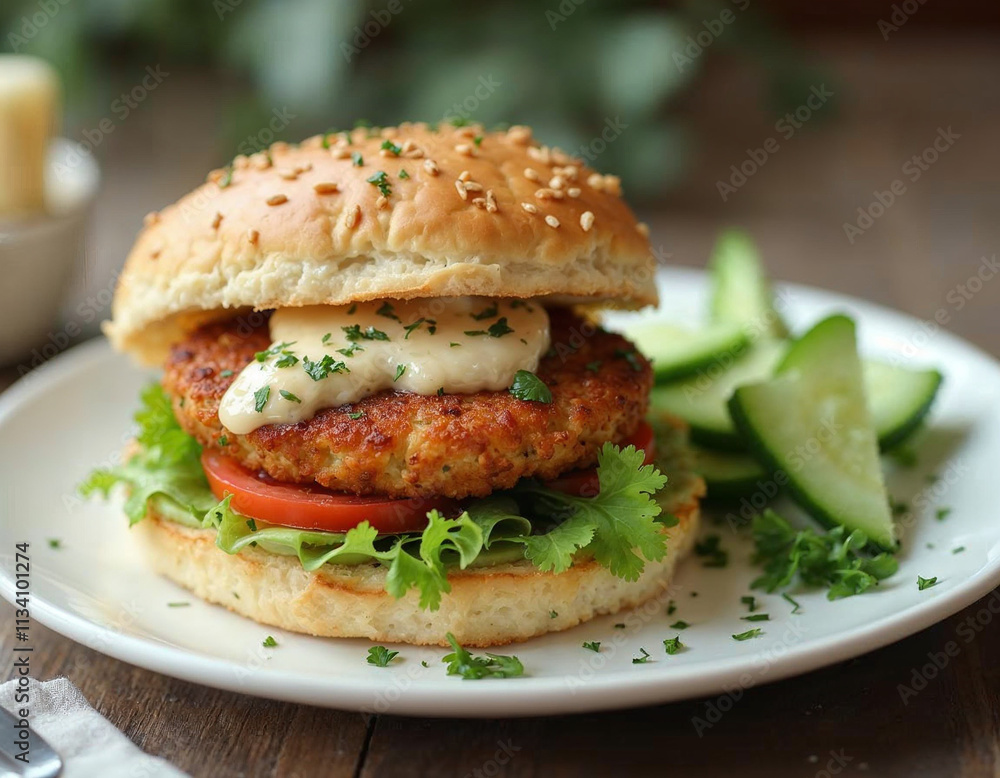 Close-Up of a Juicy Burger with Fresh Ingredients and Golden Fries on a Rustic Table Close-Up of a Juicy Burger with Fresh Ingredients and Golden Fries on a Rustic Table