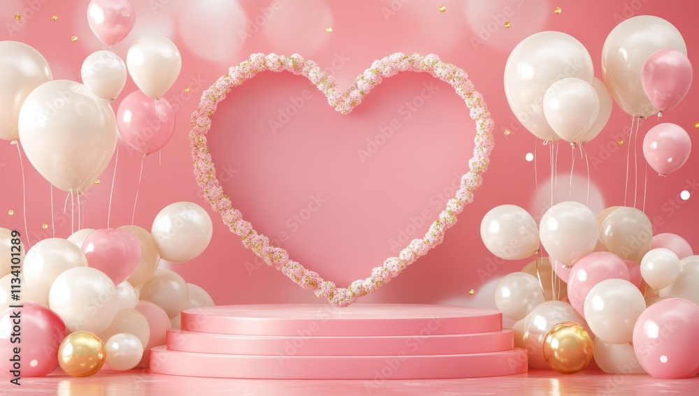 Valentine's Day podium with heart-shaped arch and white balloons on pink background Valentine's Day podium with heart-shaped arch and white balloons on pink background